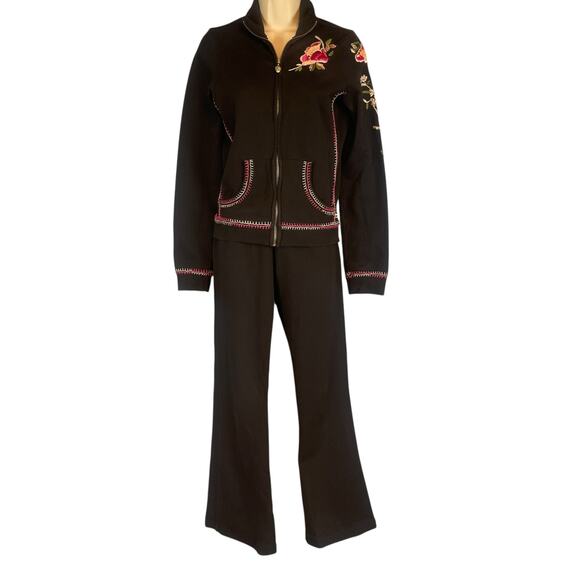 Twisted Heart Y2K Two Piece Zip Front Tracksuit Embroidered Beaded Black Small - Picture 1 of 12